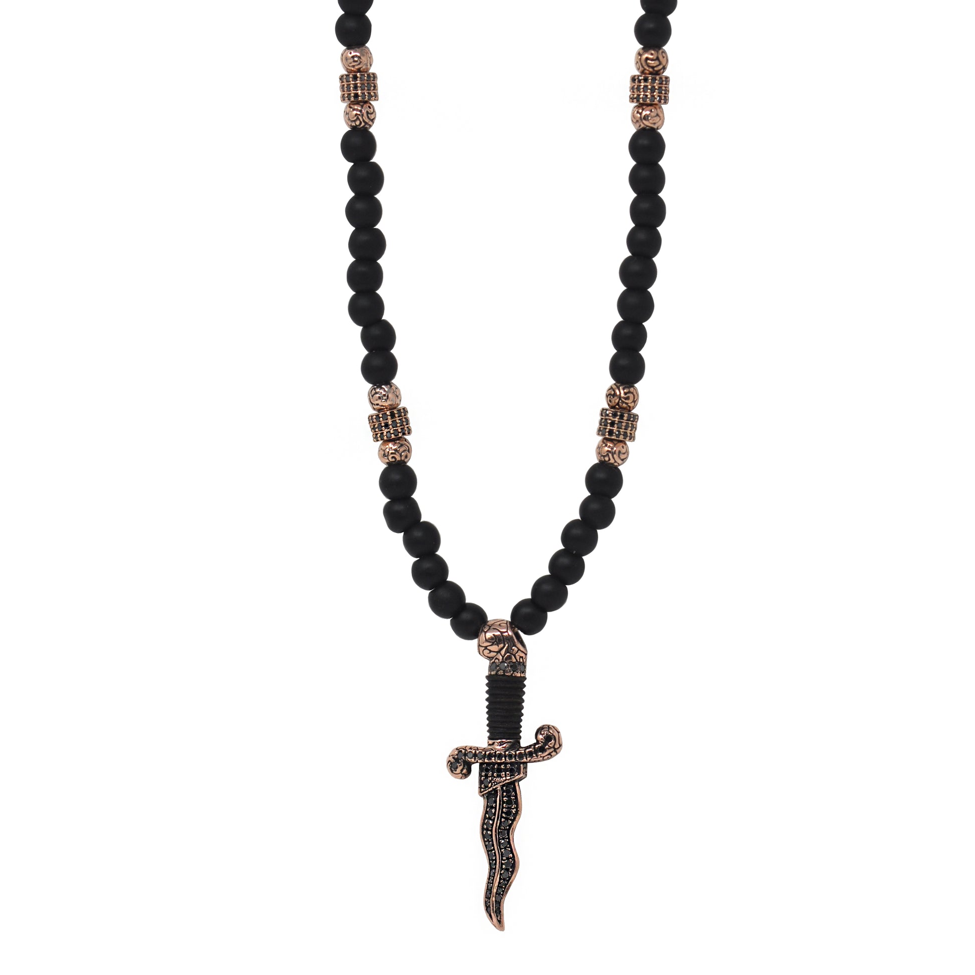 Men's 14k gold wood dagger beaded necklace with hand-set black diamonds - Best beaded jewelry by Versani SoHo