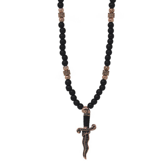 Men's 14k gold wood dagger beaded necklace with hand-set black diamonds - Best beaded jewelry by Versani SoHo