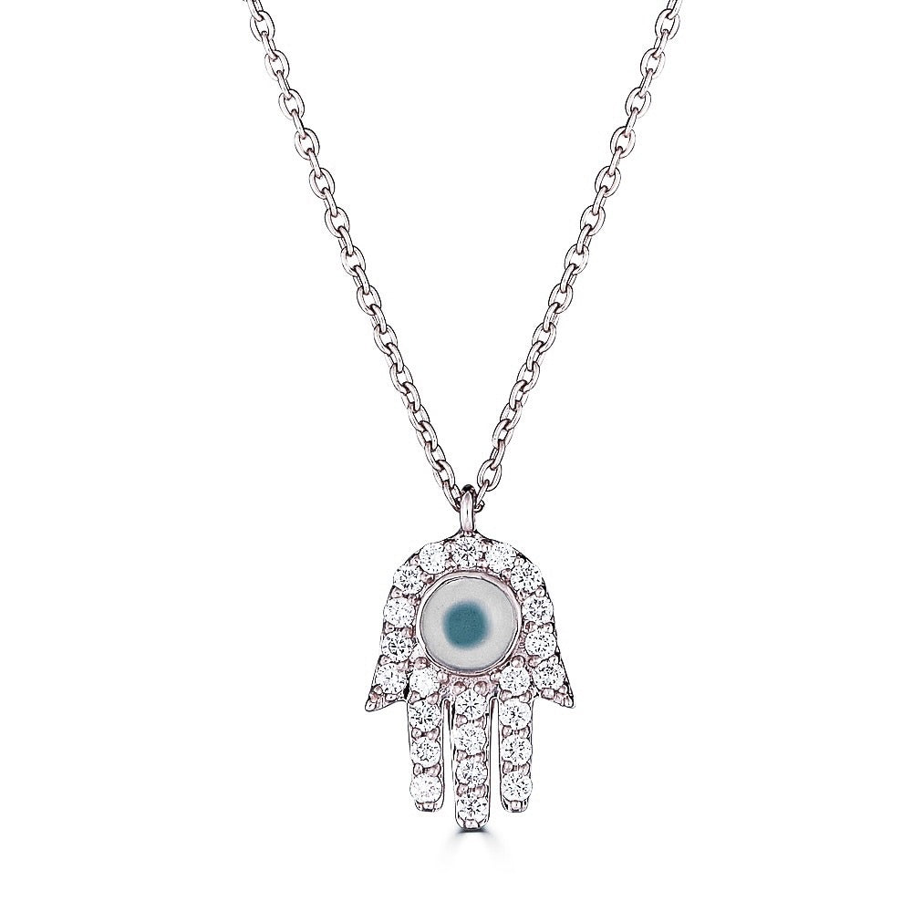 White Diamond Evil Eye Hamsa Pendant Necklace