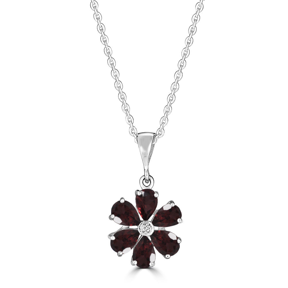 Versani NY Women's 25mm Flower Pendant featuring center diamonds, Blue Topaz, and Garnet in 925 Silver.