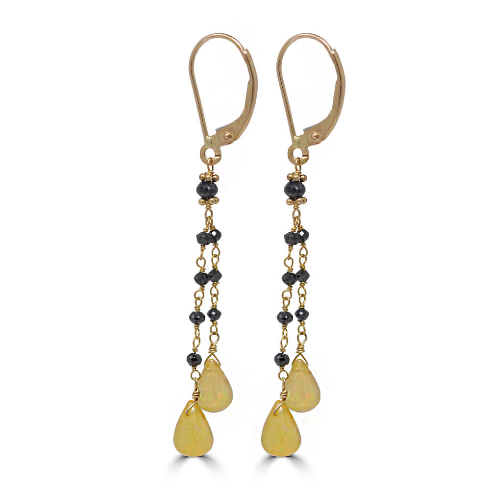 Black Diamond Double Chain Opal Drop Dangle Earrings