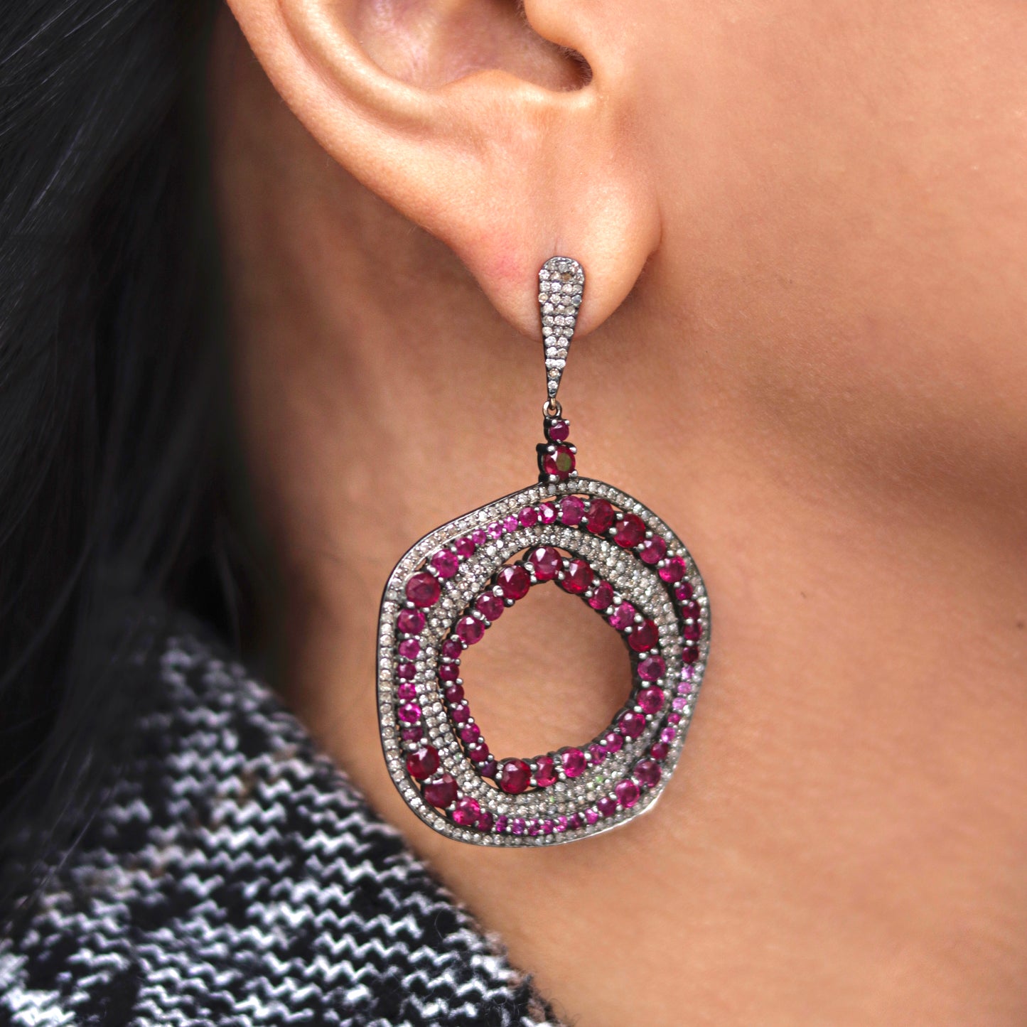 Alternating Circular Rows Of Rubies And Diamonds Earrings