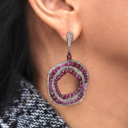 Alternating Circular Rows Of Rubies And Diamonds Earrings
