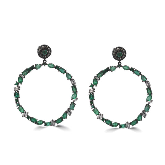 Emerald And Brown Diamond Circle Dangling Earrings