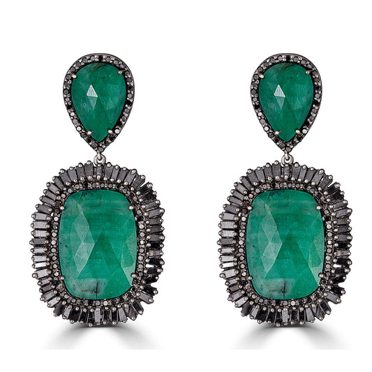 Emerald Black Diamond Frame Earrings