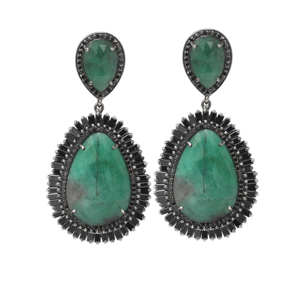 Teardrop Emerald Black Diamond Frame Earrings