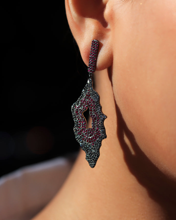 Black Diamond And Ruby Drop Earrings