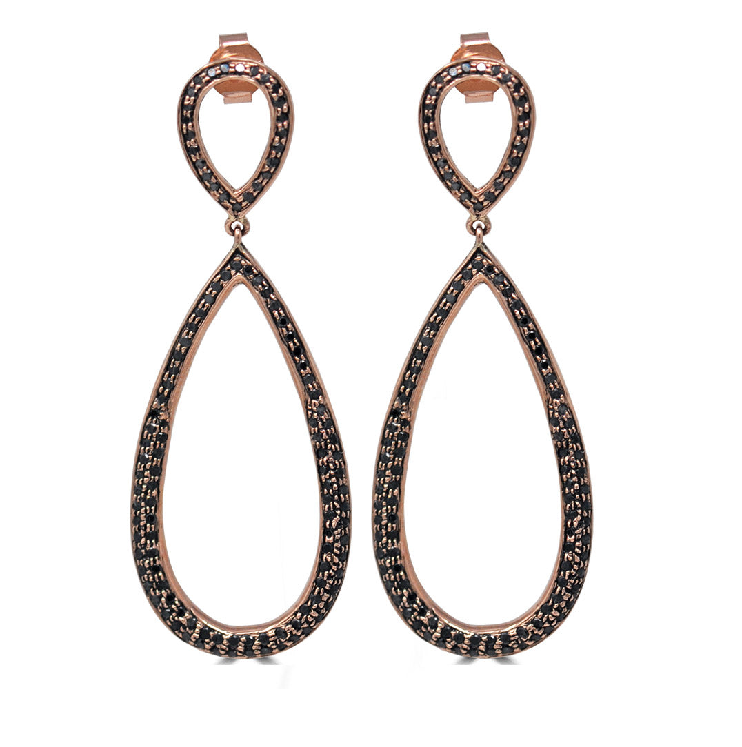 Black Diamond Open Teardrop Earrings In Rose Gold