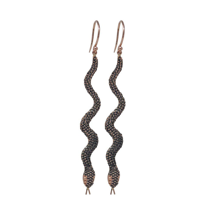 Black Diamond Squiggly Snake Earrings In Rose Gold