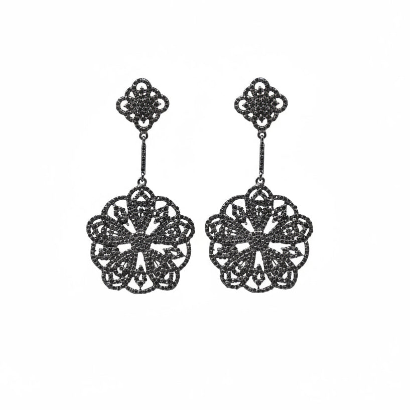 Black Diamond Flower Drop Earrings