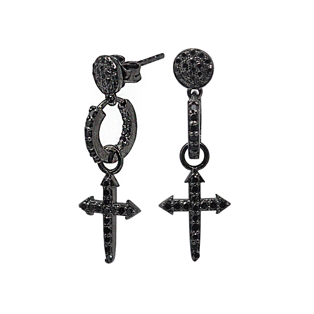 Black Diamond Cross Drop Huggie Earrings