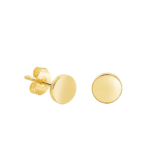 Three gold round stud earrings shown on a clean white background, including one earring viewed from the side showing the post and butterfly backing, one earring facing forward, and one earring showing the butterfly backing.