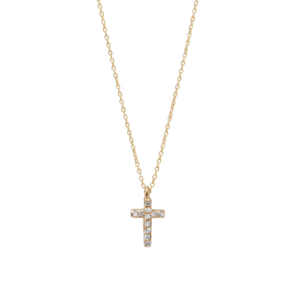 Gold cross necklace with diamonds on a white background