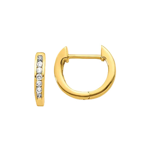 A pair of gold huggie hoop earrings on a white background, with one earring shown front-facing and the other in side view featuring a row of clear cubic zirconia stones.