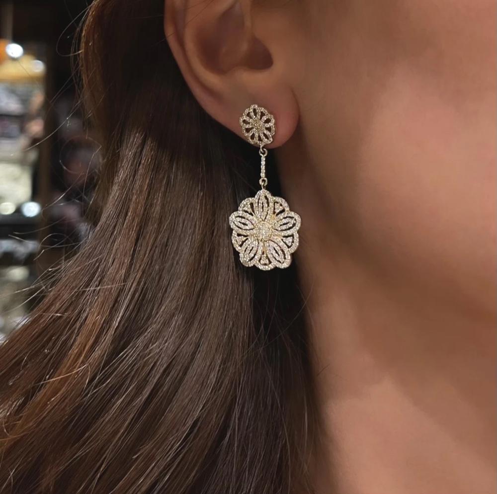 White Diamond Flower Drop Earrings