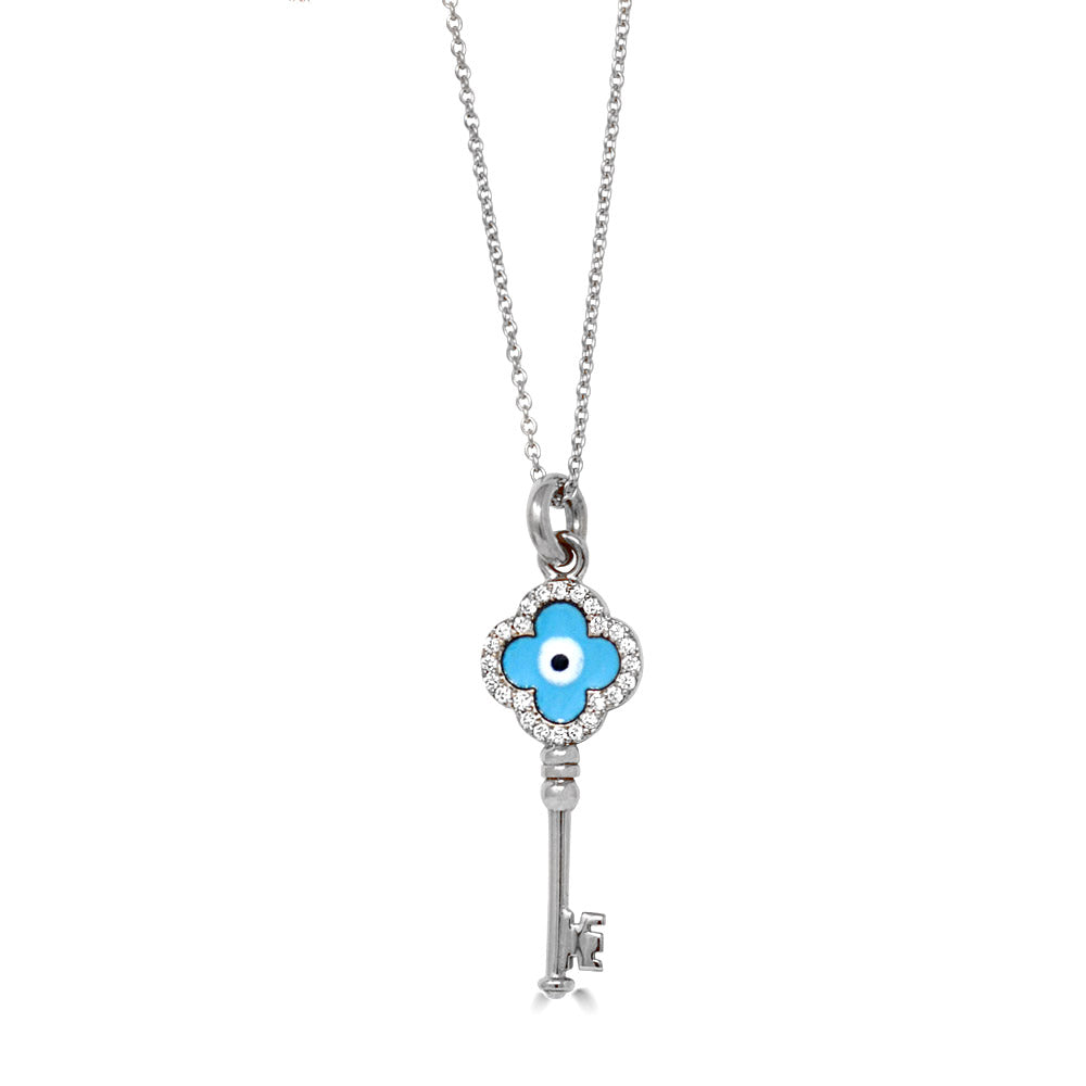 White Diamond Evil Eye Key Pendant Necklace
