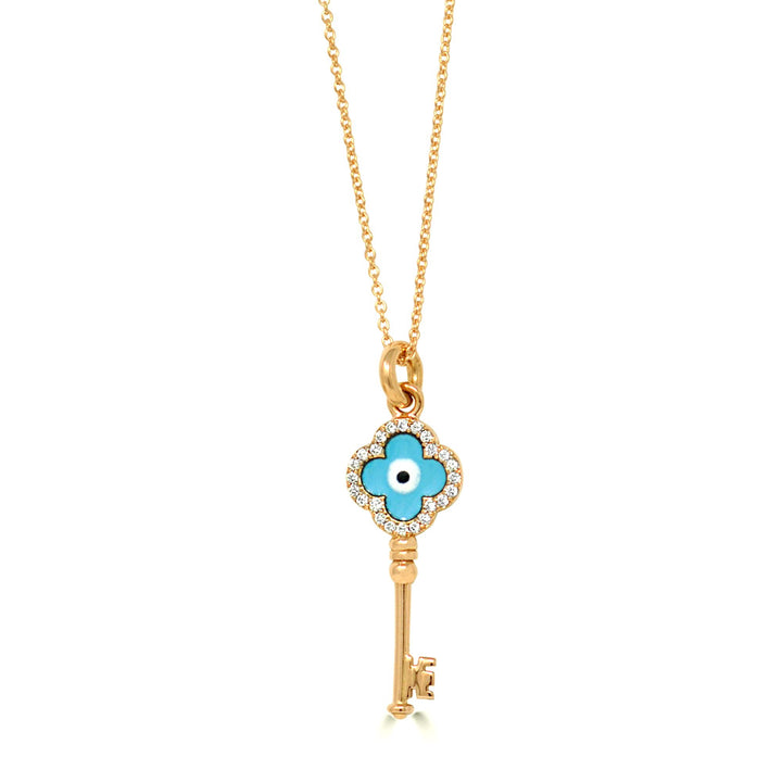White Diamond Evil Eye Key Pendant Necklace