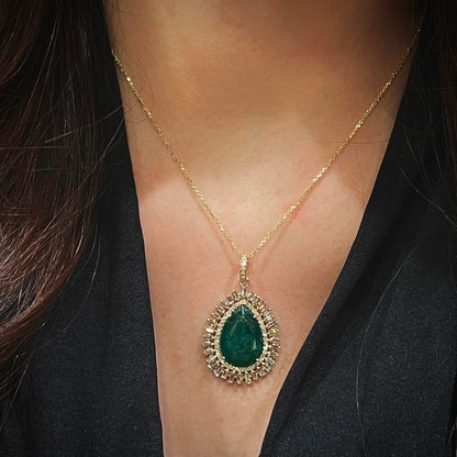 White Diamond And Emerald Tear Pendant Necklace