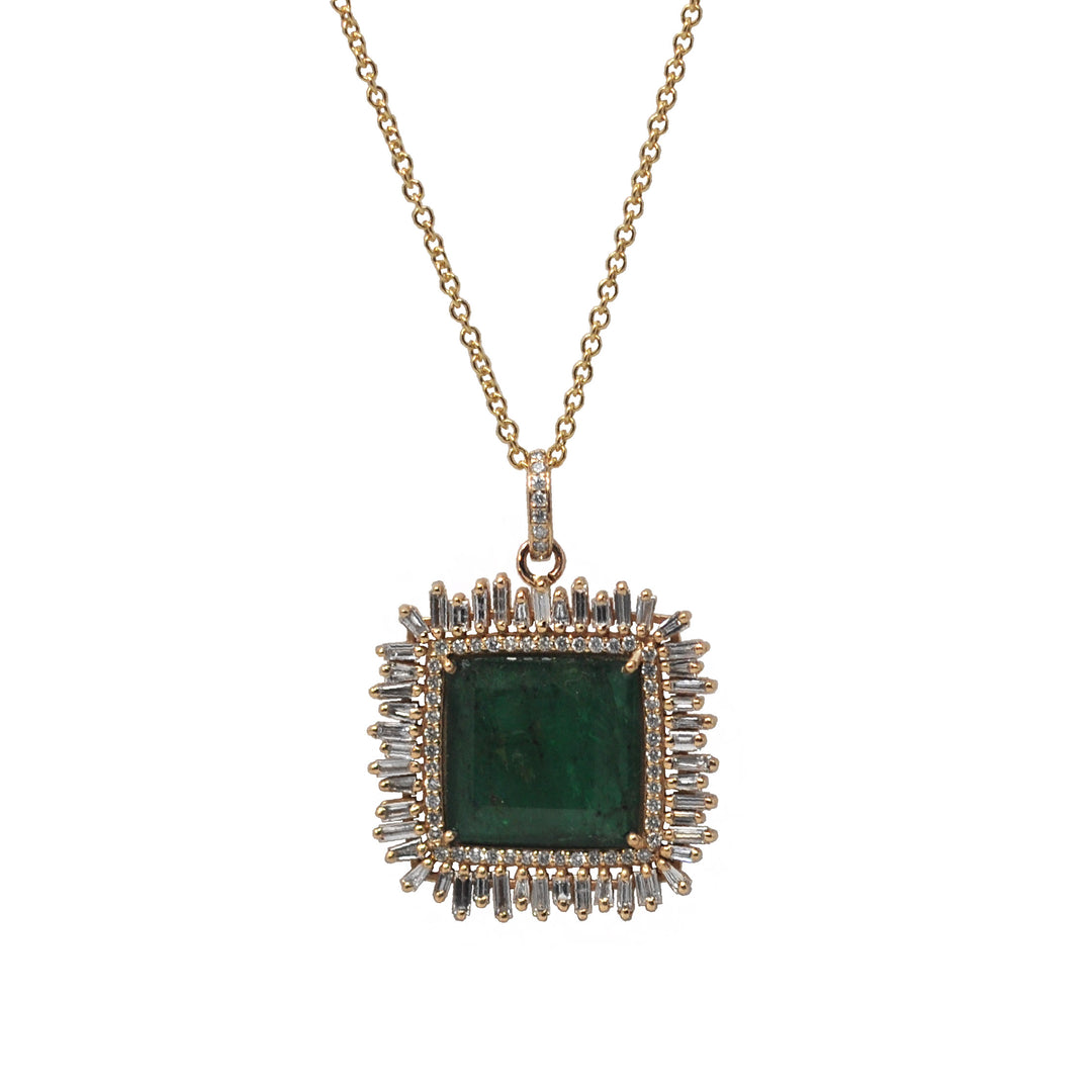 White Diamond And Emerald Square Pendant Necklace