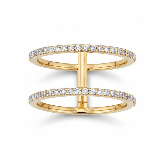 A two-row split ring with white diamonds set in a gold band