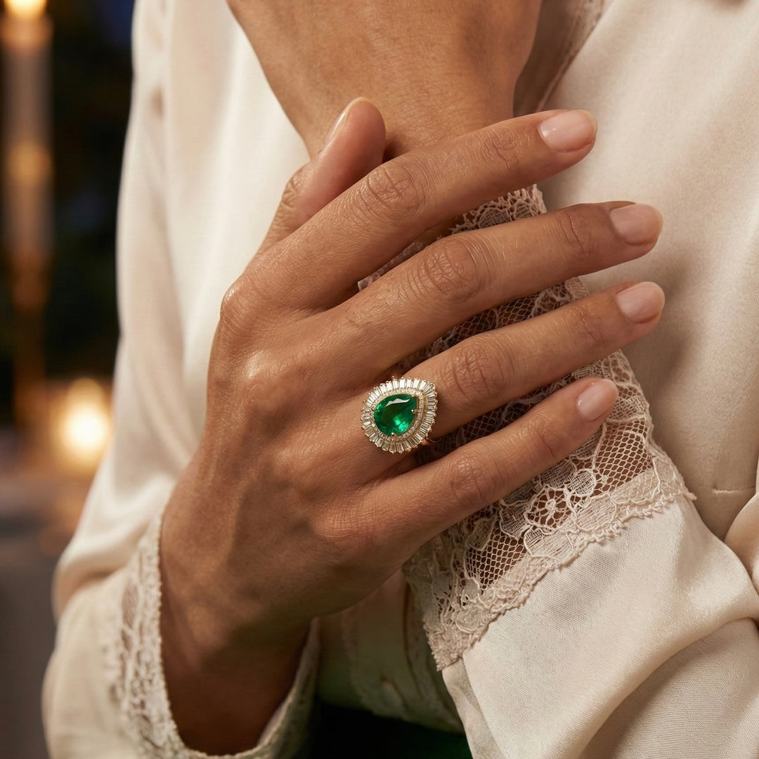 White Diamond Frame Pear Emerald Ring