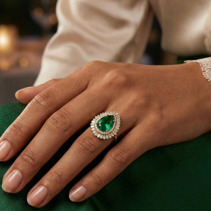 White Diamond Frame Pear Emerald Ring
