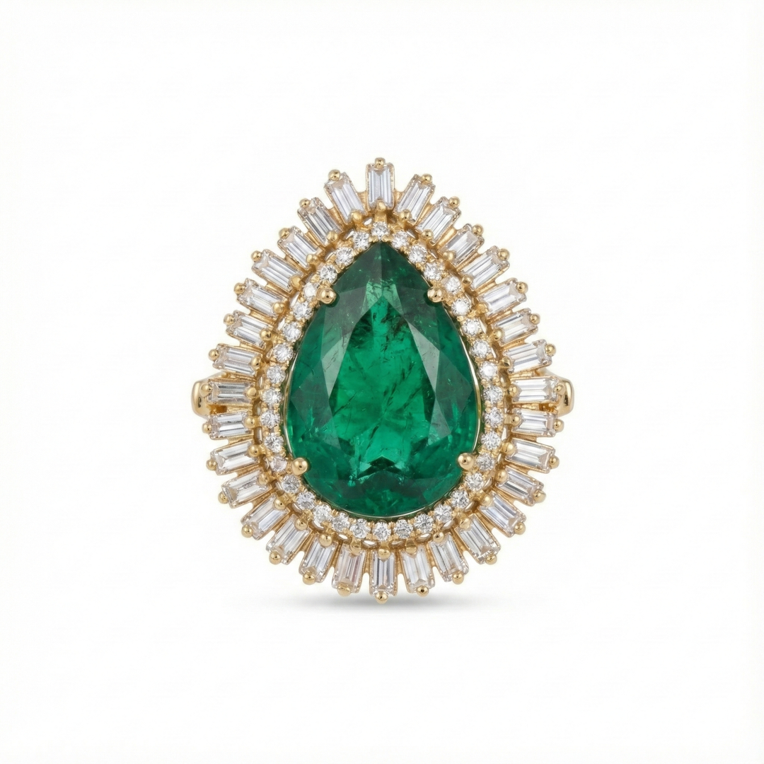 White Diamond Frame Pear Emerald Ring