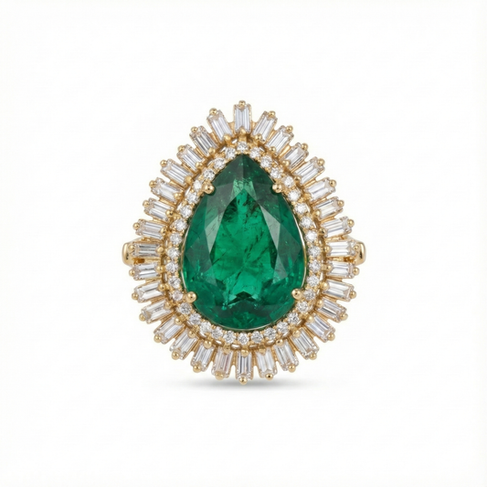 White Diamond Frame Pear Cut Emerald Ring