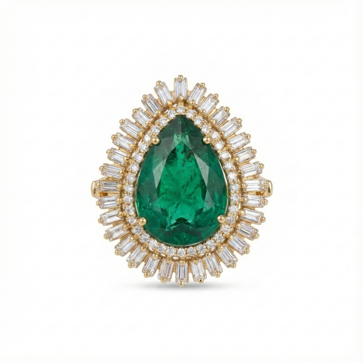 White Diamond Frame Pear Emerald Ring