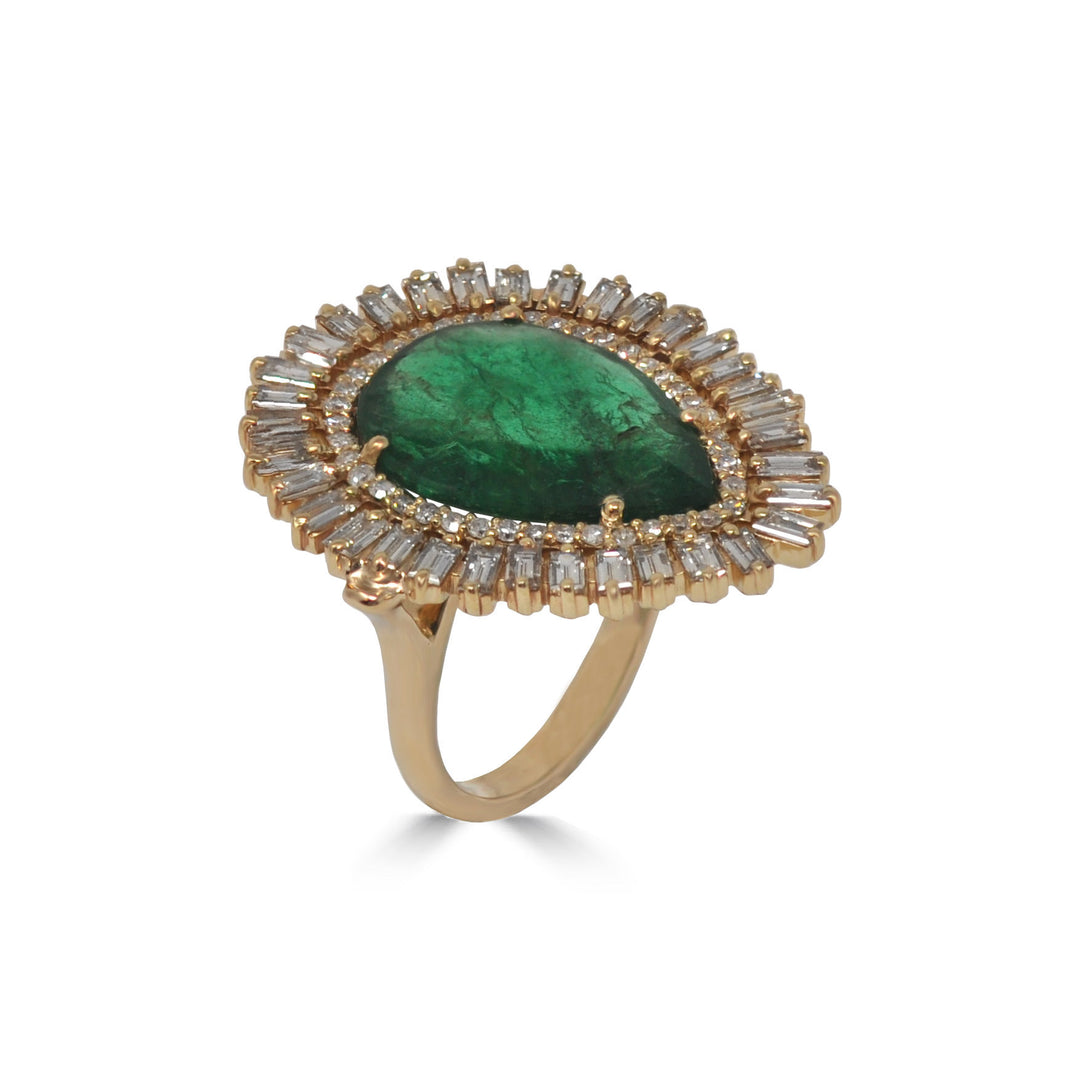 White Diamond Frame Pear Emerald Ring