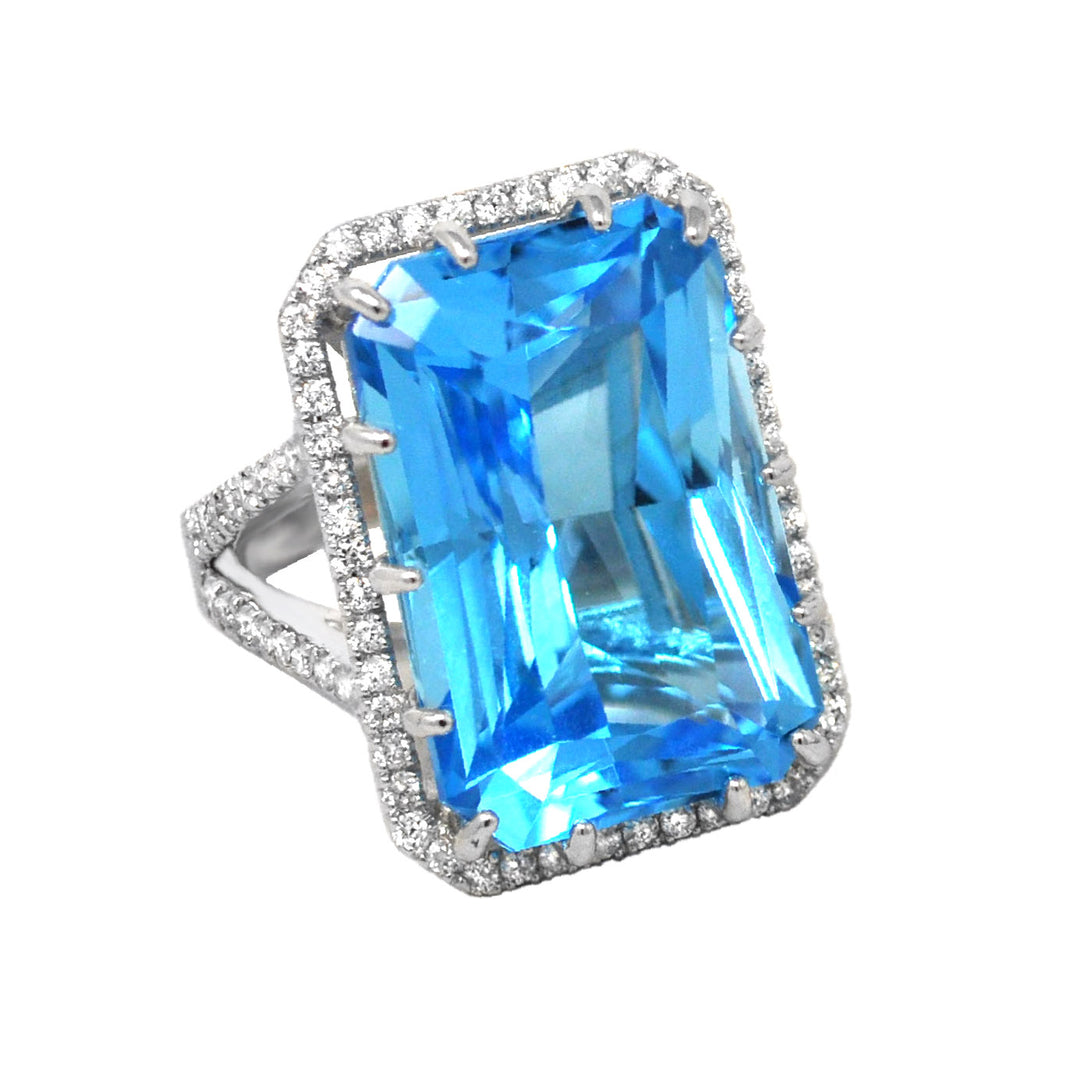 Rectangular Blue Topaz and White Diamond Ring