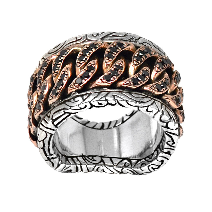 Black Diamond Rose Gold Cuban Link On Sterling Silver Band Ring