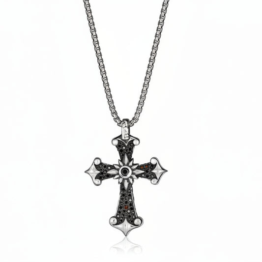 Medium Black Diamond Sun Cross Pendant Necklace