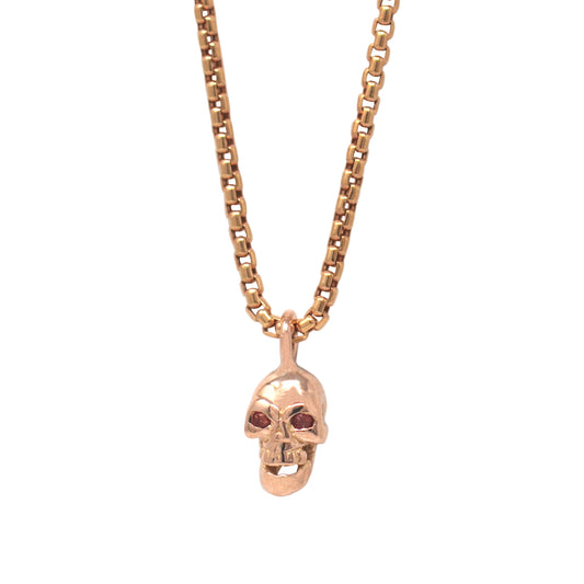 Mini 14k rose gold skull pendant with hand-set red garnet gem eyes - Best skull jewelry by Versani NY