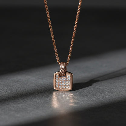 Men's 14k rose gold mini square necklace with hand-set white diamonds - Best men's jewelry by Versani SoHo