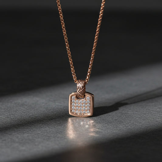 Men's 14k rose gold mini square necklace with hand-set white diamonds - Best men's jewelry by Versani SoHo