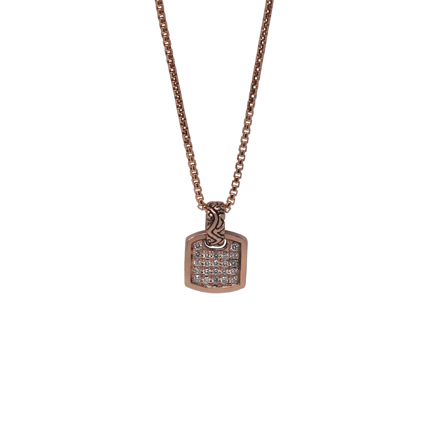 Men's 14k rose gold mini square necklace with hand-set white diamonds - Best men's jewelry by Versani SoHo