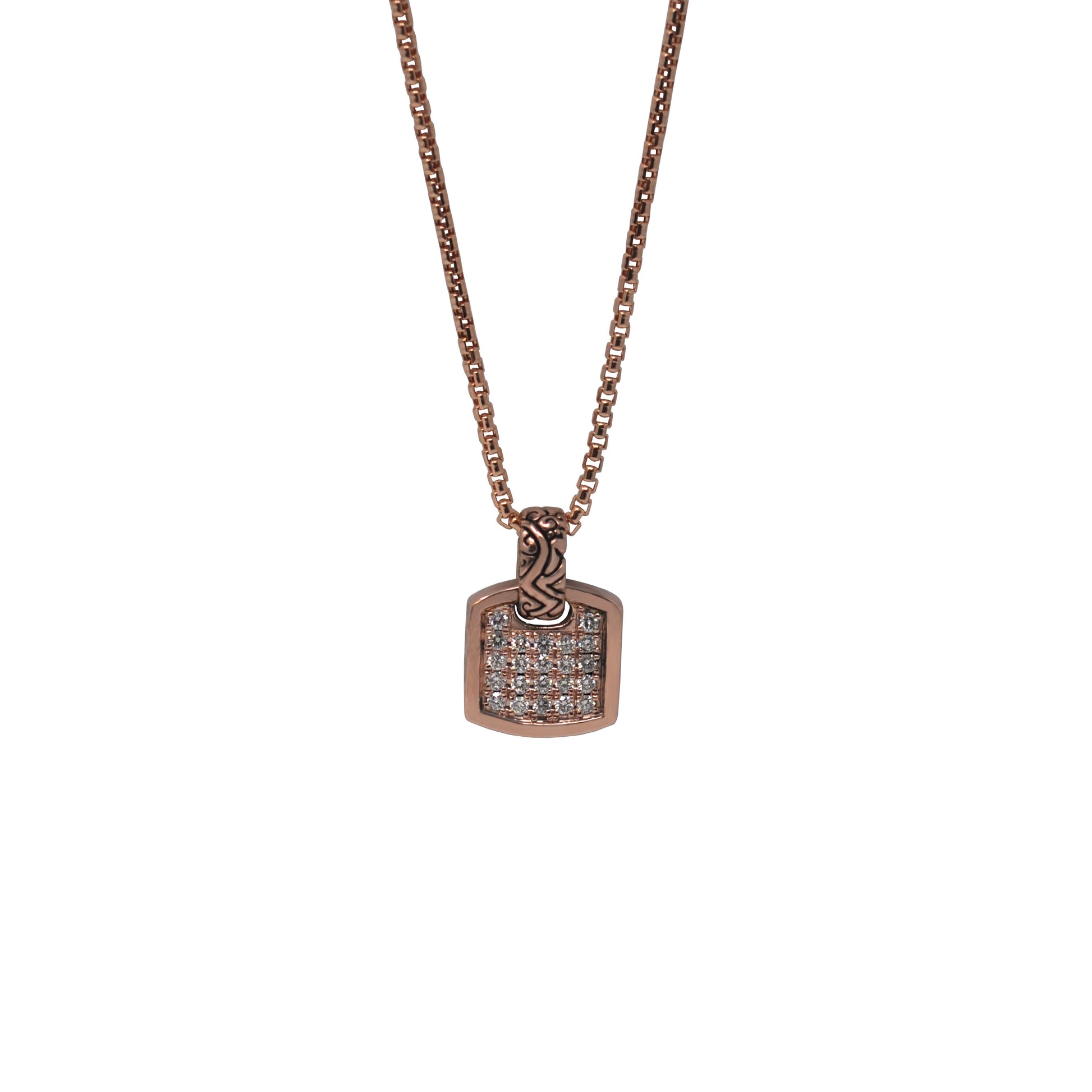 Men's 14k rose gold mini square necklace with hand-set white diamonds - Best men's jewelry by Versani SoHo