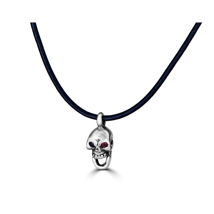 Gem Eyes Mini Skull Pendant Leather Cord Necklace