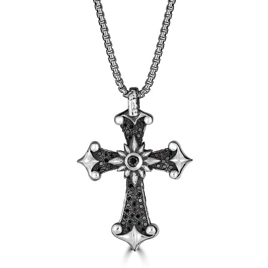 Large Black Diamond Sun Cross Pendant Necklace