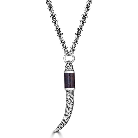 KeyDesign Wood Inlay Italian Horn Pendant Necklace In Sterling Silver