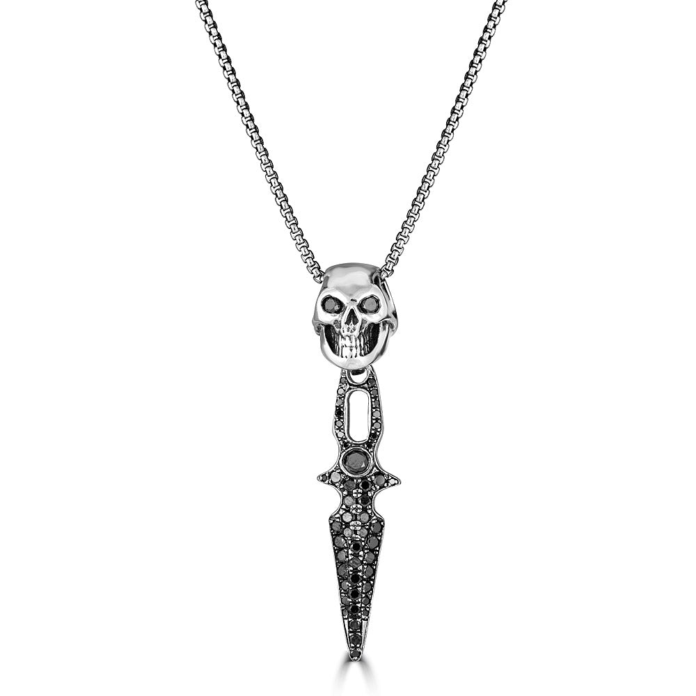 Black Diamond Skull Head Dagger Pendant Necklace