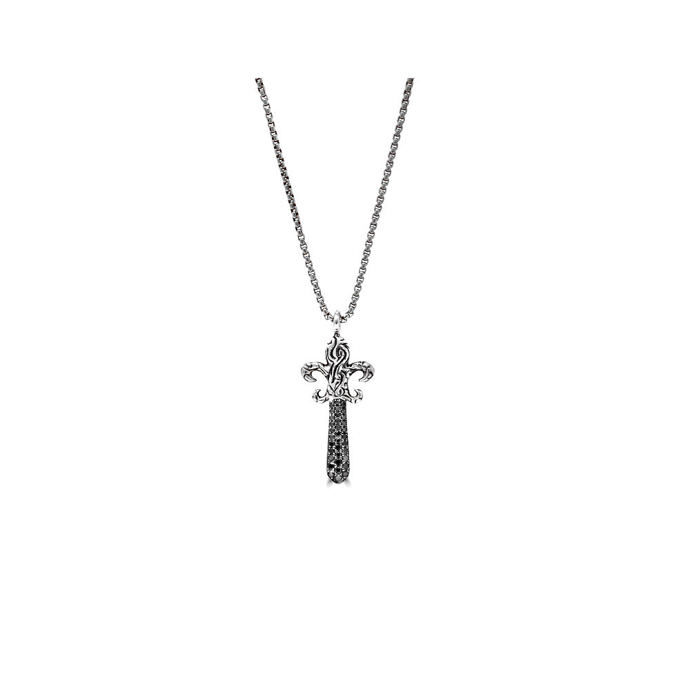 Black Diamond Fleur De Lis Dagger Pendant Necklace