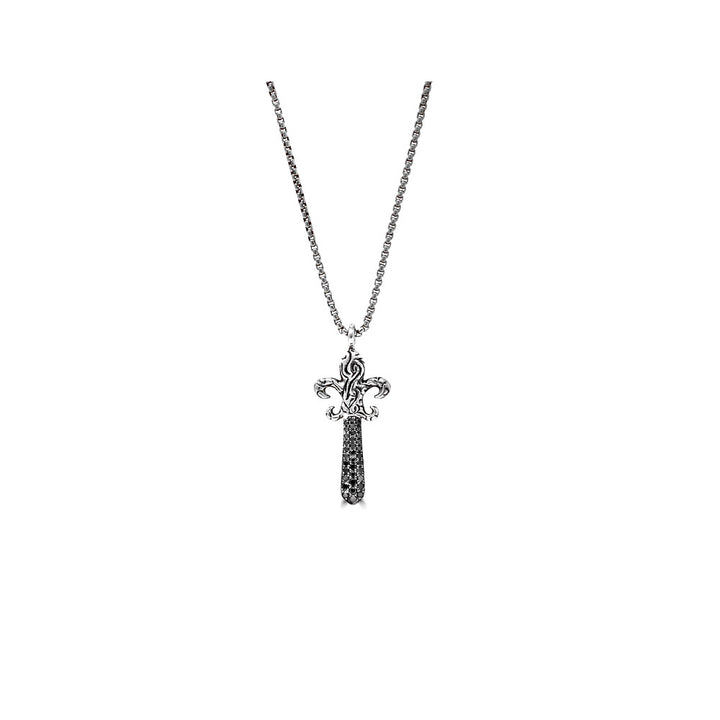 Black Diamond Fleur De Lis Dagger Pendant Necklace