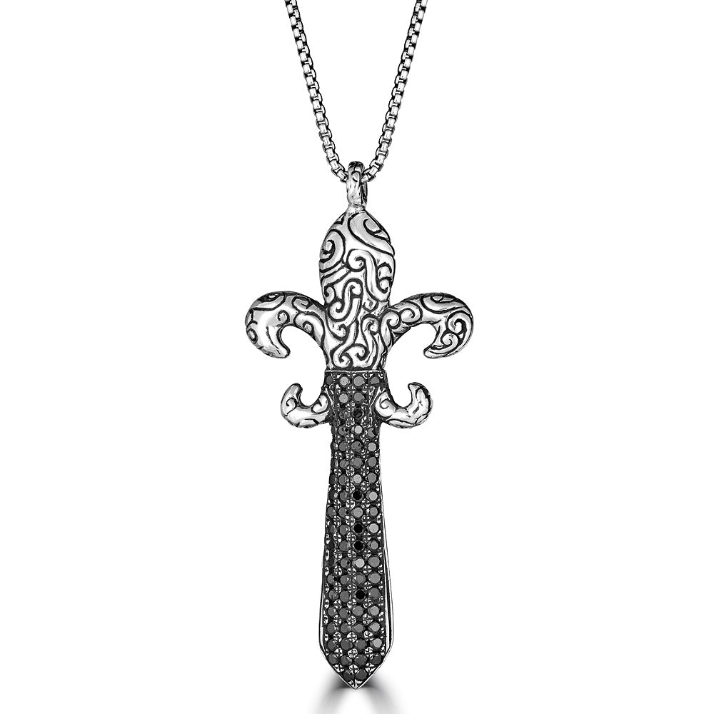 Black Diamond Fleur De Lis Dagger Pendant Necklace