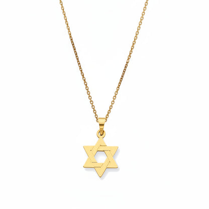 A gold pendant necklace featuring a star of david design.