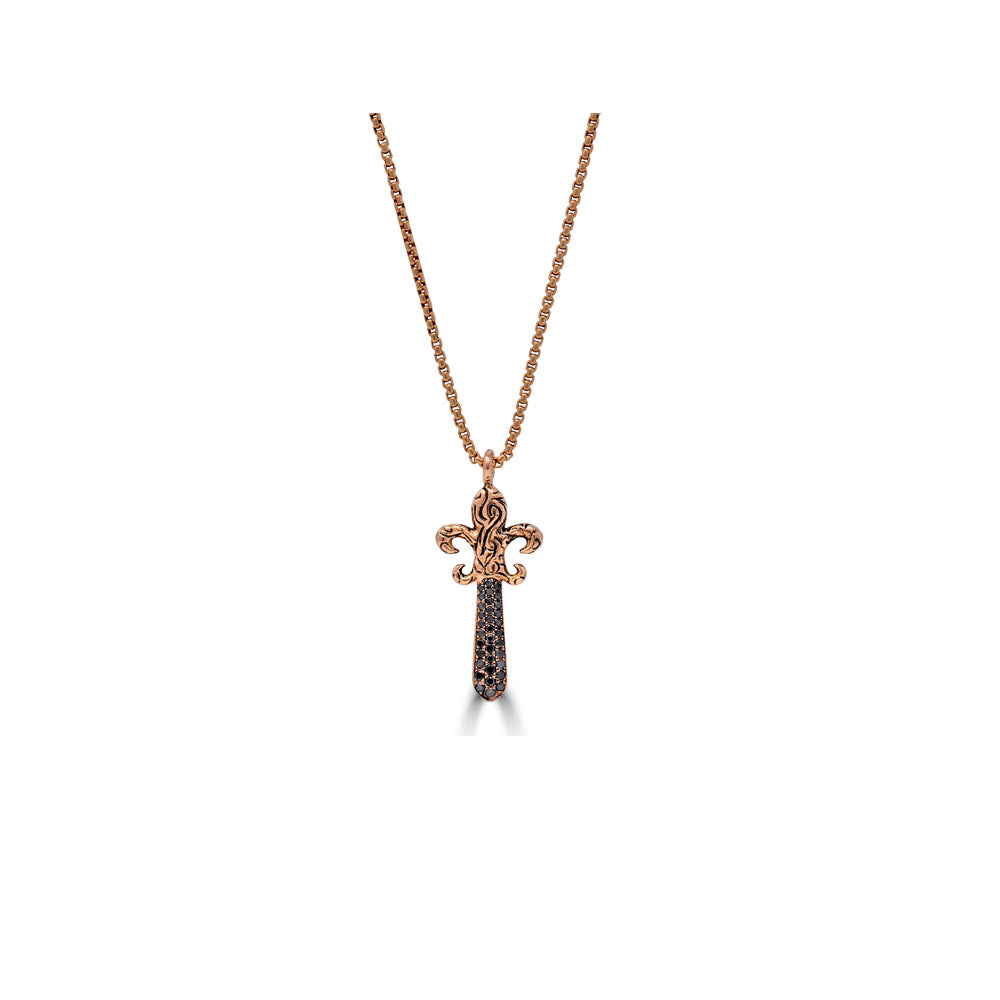 Black Diamond KeyDesign Fleur De Lis Sword Pendant Necklace In Gold
