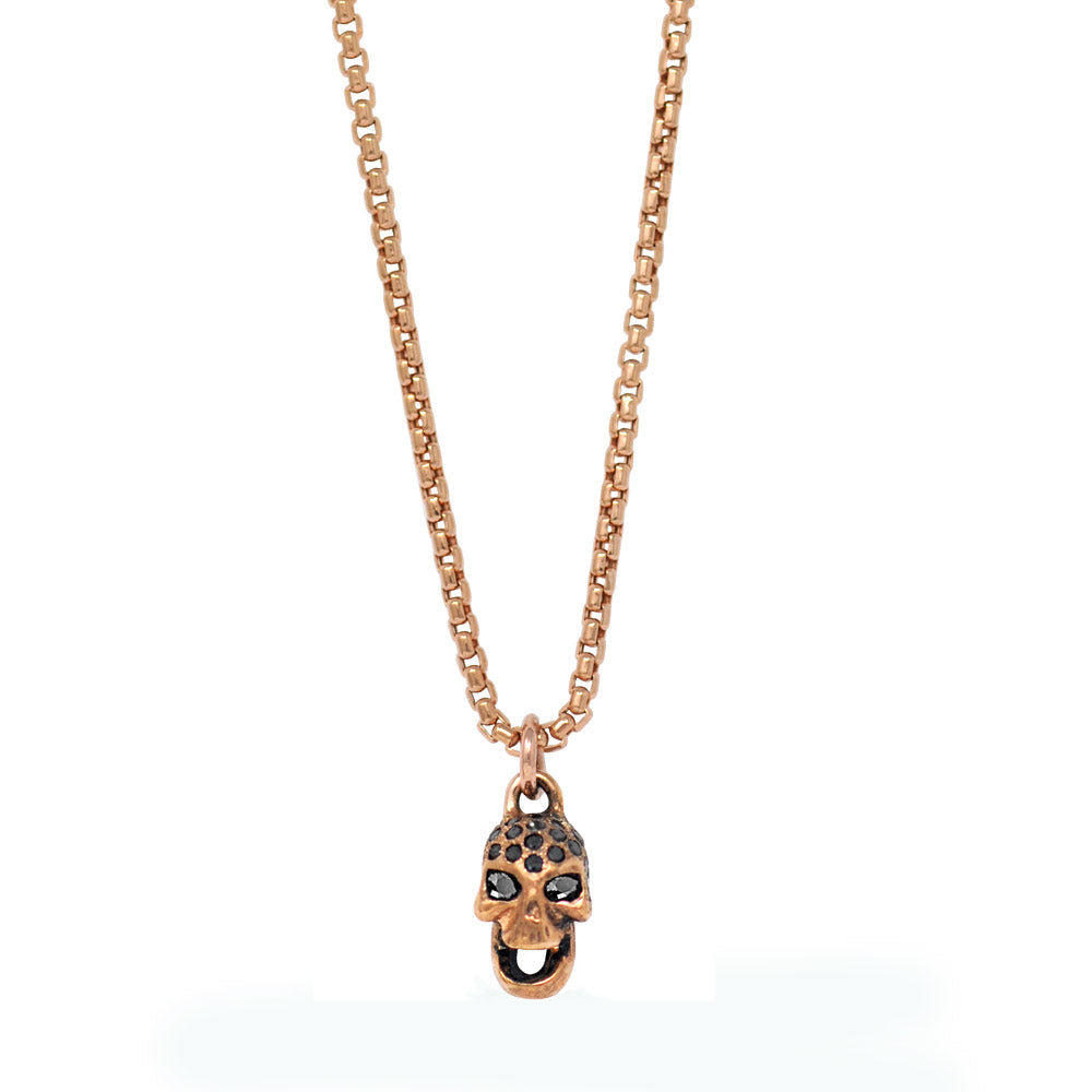 Mini Black Diamond Skull Pendant Necklace In Rose Gold