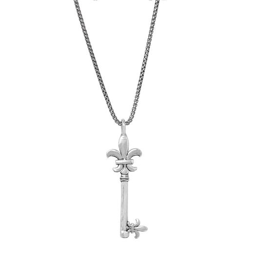 Fleur De Lis Key Pendant Necklace In Sterling Silver