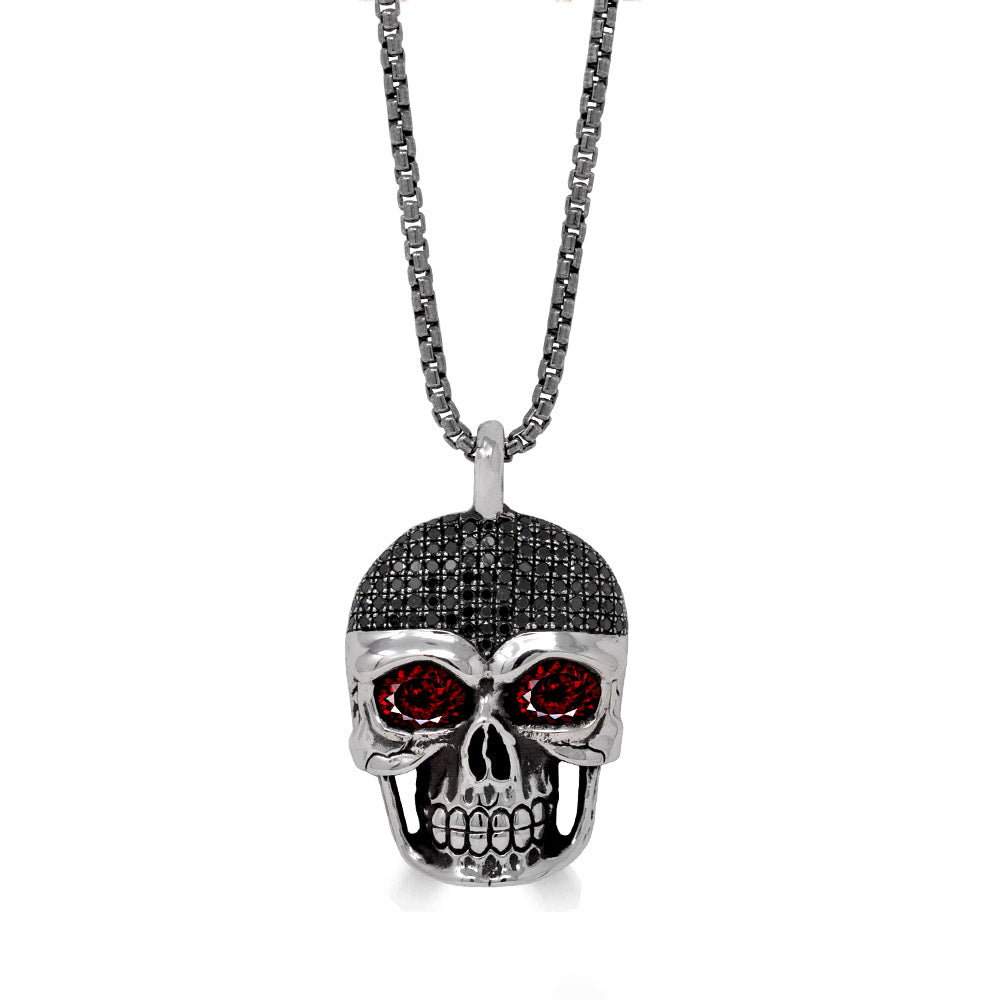 Garnet Eyes Black Diamond Skull Pendant Necklace